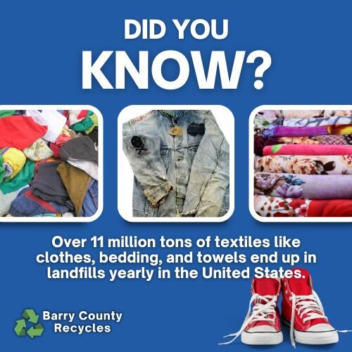 Did you know that over 11 MILLION TONS of textile waste is thrown away into landfills each year in the US? 
Reduce textile waste by reducing, reusing, and recycling. You can donate gently used textiles locally. Items not suitable for donation can be 