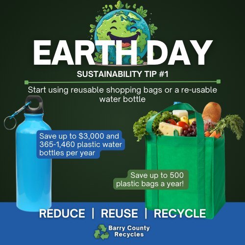 #EarthDay sustainability tip #1
Did you know that using reusable bags can save up to 500 plastic bags a year! You can keep them in your car for easy access for those last-minute shopping trips.
Switching to a reusable water bottle can save you up to 