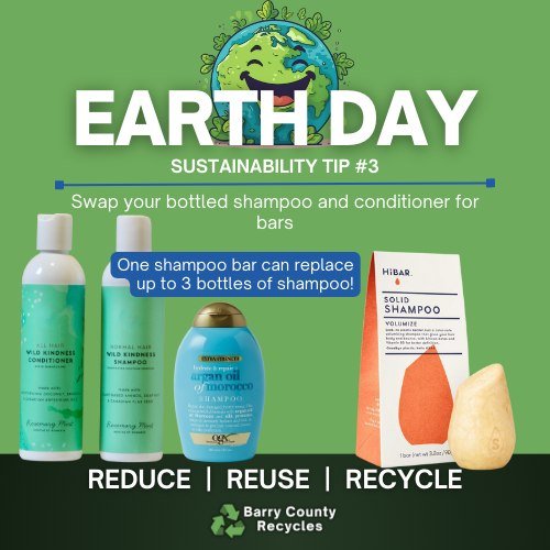 #EarthDay sustainability tip #3 
Switch to products with less packaging. 
Liquid shampoos are up to 80% water, come in plastic bottles, and don&rsquo;t last long. Bar shampoos have less packaging, are more concentrated, and usually come in paper or p