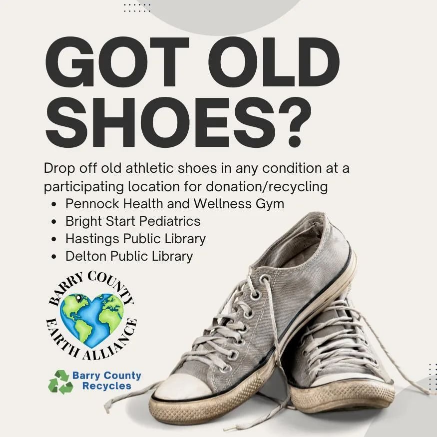 So far, the Barry County Earth Day Alliance has sent in 445 pairs of shoes to @gotsneakersusa to be reused, refurbished, or recycled. 
You can donate your old shoes at one of four donation locations including the Pennock Health and Wellness Center Gy