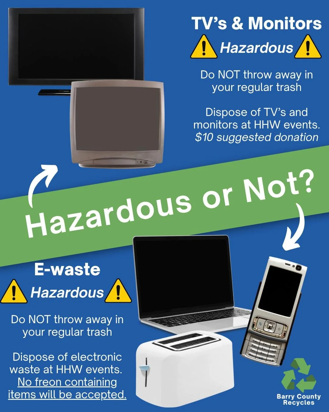 Hazardous or not? - Electronics-
We will accept household electronics at the Fall Household Hazardous Waste Collection on September 20th. We cannot accept freon containing items at this time. 
There is a $10 suggested donation for all TV's and monito