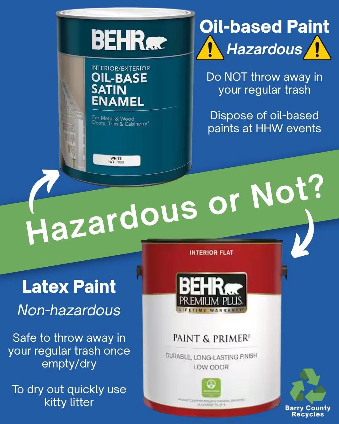 Hazardous or not? - Paint -
We will accept oil-based paints at the Fall Household Hazardous Waste Collection on September 20th. Oil-based paints should never be thrown away in your regular trash or recycling bin because it is flammable and contains t