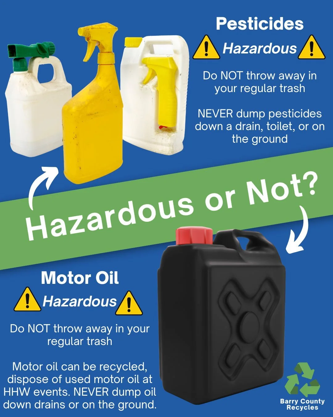 Hazardous or not? - Pesticides &amp; Motor Oil -
We will accept pesticides, herbicides, fertilizers, and motor oil at the Fall Household Hazardous Waste Collection on September 20th. Items like pesticides and motor oil should never be thrown away in 