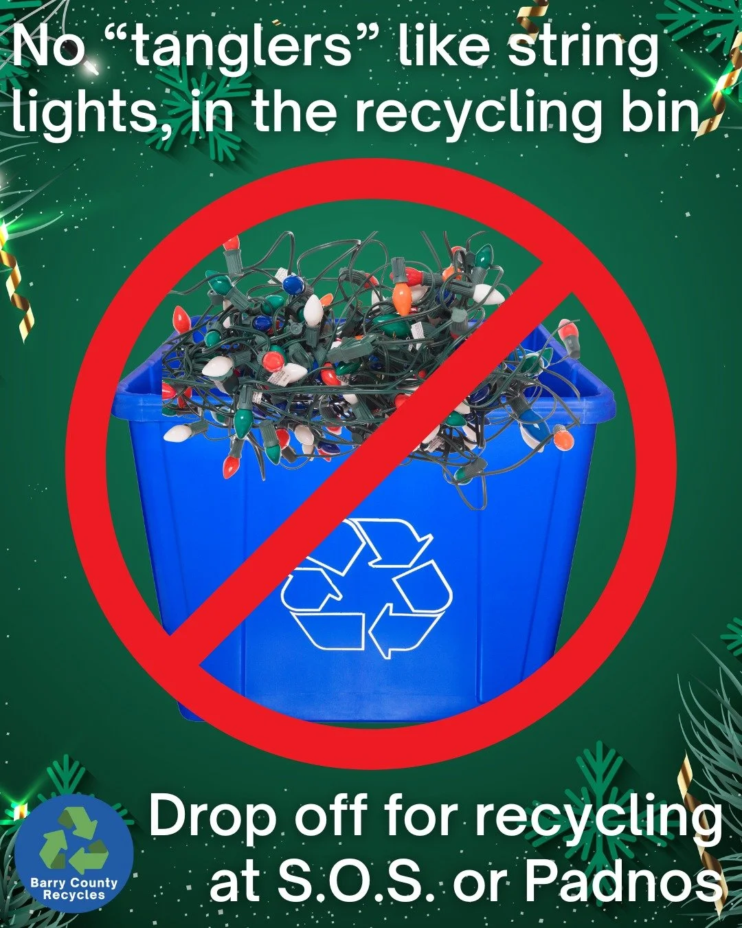 Today is National Christmas light day! 🎄💡
Christmas and other string lights are recyclable,♻ but NEVER in your recycling bin or household recycling drop-off site. String lights are part of the &quot;tangler&quot; categories of items that are not on