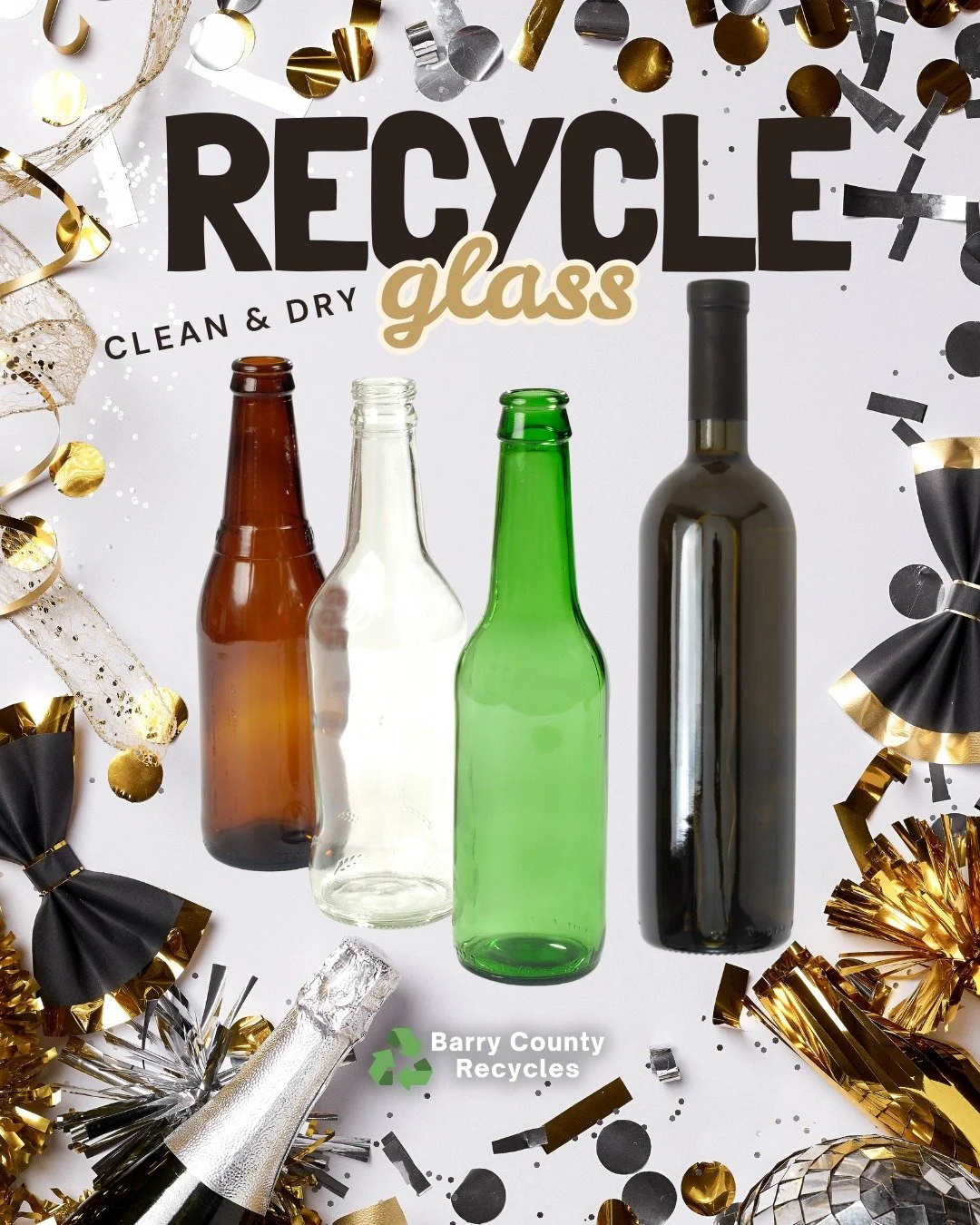 Glass is 100% recyclable. Meaning it can be recycled over and over again! 
Glass can be recycled into glass, sand, fiberglass, glass tile and more.
Glass can be recycled in your curbside recycling bin or at your community drop-off site.
These communi