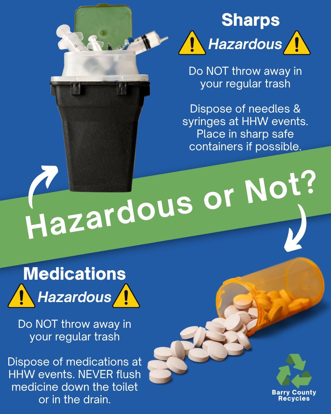 Hazardous or not? - Medications -
We will accept unused, expired, and unwanted medications at the Fall Household Hazardous Waste Collection on September 20th. Medications should NEVER go in your regular trash or recycling bin and should always be han