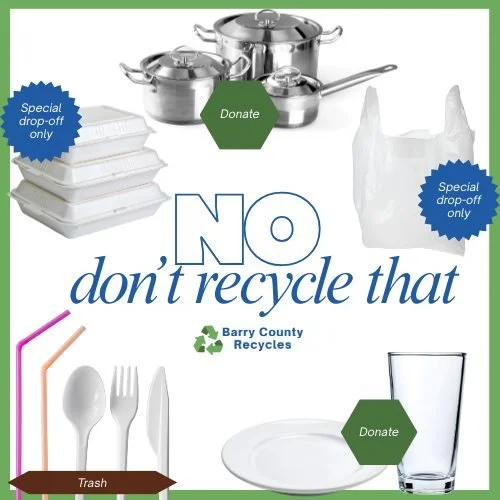 Recycling rules can be confusing, here's the most common items that you might want to recycle in your bin or at a community drop-off site - but don't!
Plastic shopping bags or recyclables inside garbage bags should never go in your recycling bin or r