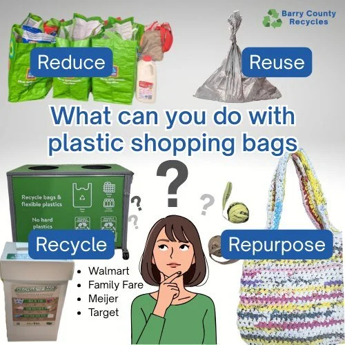 What can you do with plastic shopping bags instead of throwing them in the trash?
𝗥𝗲𝗱𝘂𝗰𝗲 - decline plastic bags when you can, use reusable bags instead or paper bags which are both recyclable curbside and compostable
𝗥𝗲𝘂𝘀𝗲 - keep a bag of 