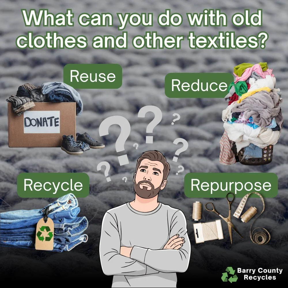 What can you do with old clothes and other textiles instead of throwing them in the trash?
𝗥𝗲𝘂𝘀𝗲 - donate unwanted clothing in good condition or participate in a clothes swap
𝗥𝗲𝗱𝘂𝗰𝗲 - use what you already have, wear longer, buy less and wh