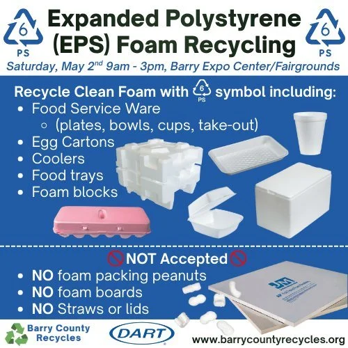 *𝗡𝗲𝘄 𝘁𝗵𝗶𝘀 𝘆𝗲𝗮𝗿!* 𝗙𝗼𝗮𝗺 𝗿𝗲𝗰𝘆𝗰𝗹𝗶𝗻𝗴 𝗮𝘃𝗮𝗶𝗹𝗮𝗯𝗹𝗲 𝗮𝘁 𝗛𝗼𝘂𝘀𝗲𝗵𝗼𝗹𝗱 𝗛𝗮𝘇𝗮𝗿𝗱𝗼𝘂𝘀 𝗪𝗮𝘀𝘁𝗲 𝗖𝗼𝗹𝗹𝗲𝗰𝘁𝗶𝗼𝗻 𝗲𝘃𝗲𝗻𝘁!
Foam must have a PS 6 recycling symbol on it and be rinsed or wiped clean of any food or