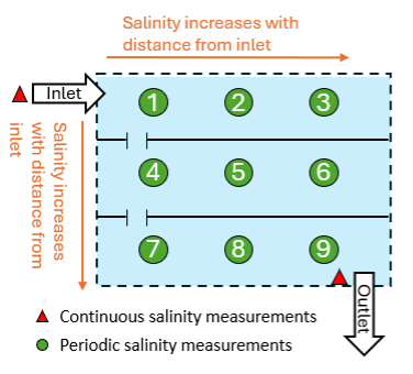 Figure 2. Conceptual and simplified illustration of salinity monitoring locations in a participating rice field.