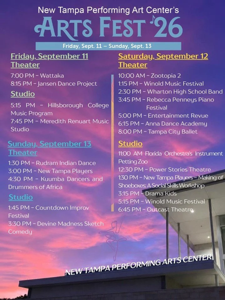 Arts Fest '26 is just 7 days away!⏰ 
Here is the full weekend lineup🎭 🎶🩰

🔗 Visit NewTampaArtsCenter.org for more details, including
