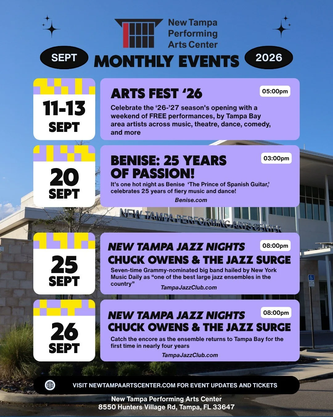 Happy September! Our 2026-2027 season is officially upon us🎬 

Arts Fest '26 kicks us off next weekend, Friday Sept. 11- Sunday, Sept 13. 🎶 🎭 🩰 
Check out all the events we have going on this month and learn more about our upcoming season by visi