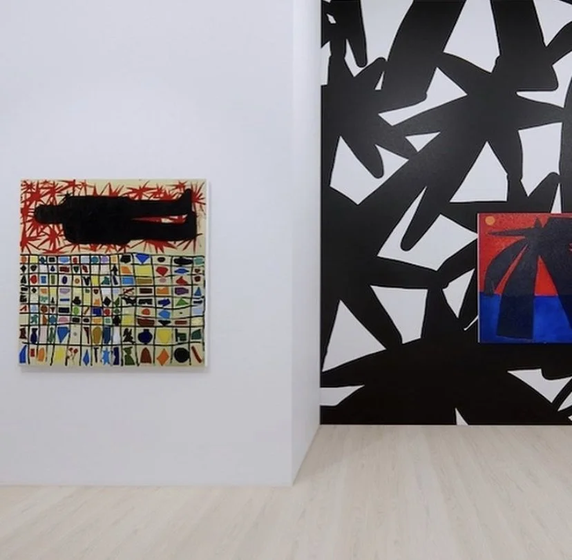 Left:  without second thought  
 Oil and acrylic on pigmented linen 
 50in x 50in 
 2020 

Right:  Black Star Wading In Water 
 Rollatex, Oil, and acrylic on pigmented linen 
 50in x 50in 
 2020 