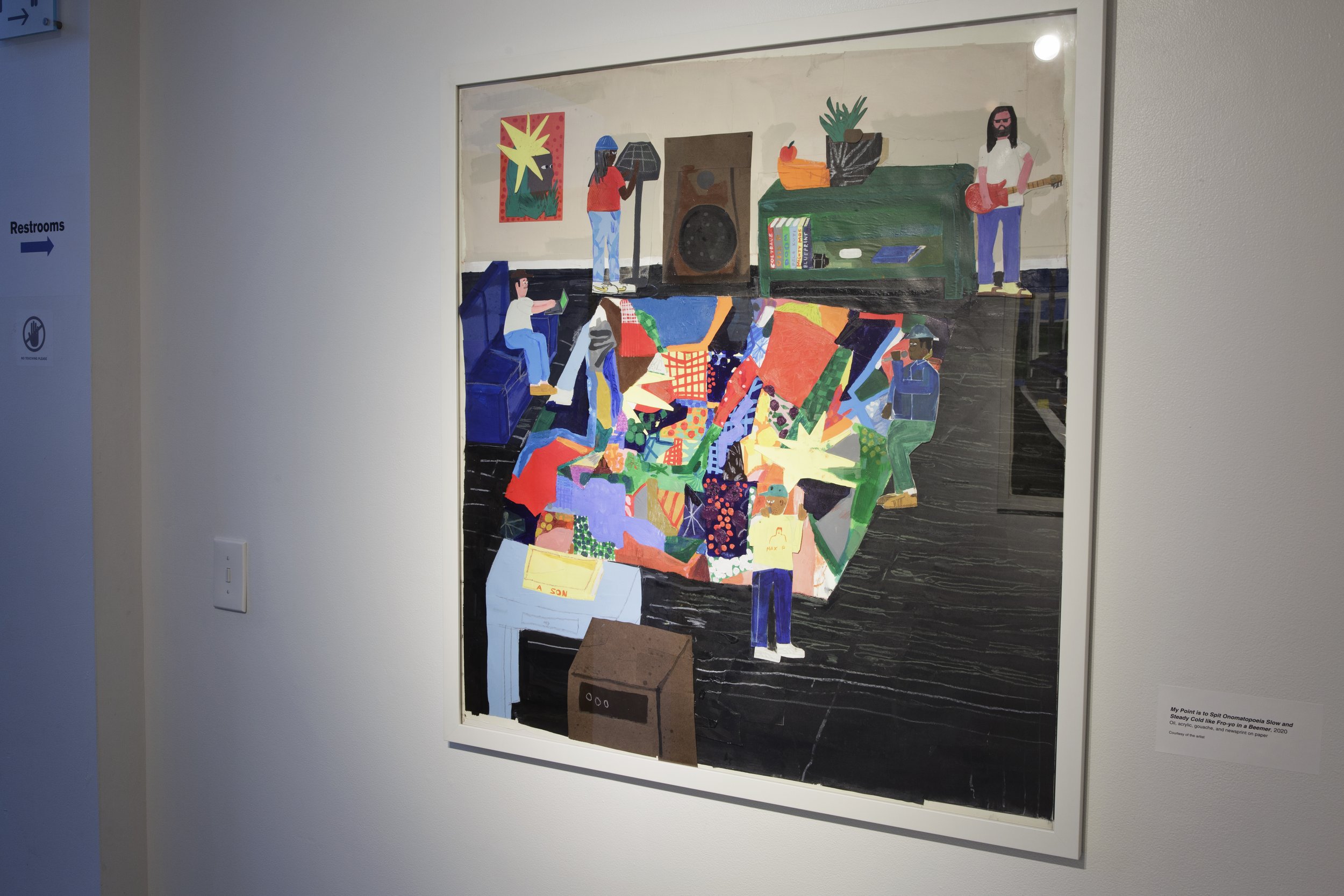 My Point Is To Spit Onomatopoeia Slow and Steady Cold Like Froyo In A Beemer
Acrylic, oil on collaged newsprint
2020