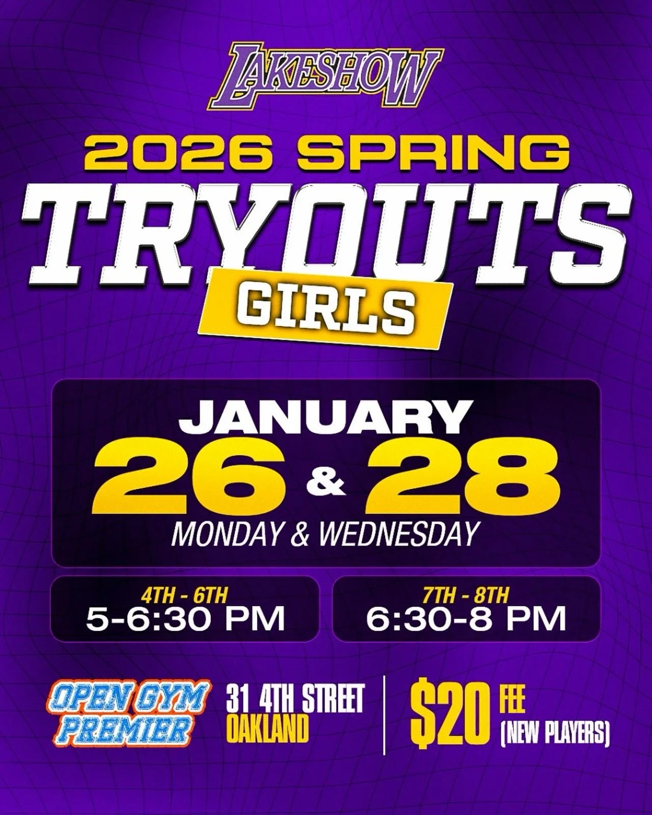 Come try out for Spring 2026 at OGP Oakland on January 26 and 28!

4th-6th Grade: 5-6:30 PM
7th-8th Grade: 6:30-8 PM 

What to bring:
- Water
- Basketball
- Basketball Shoes
