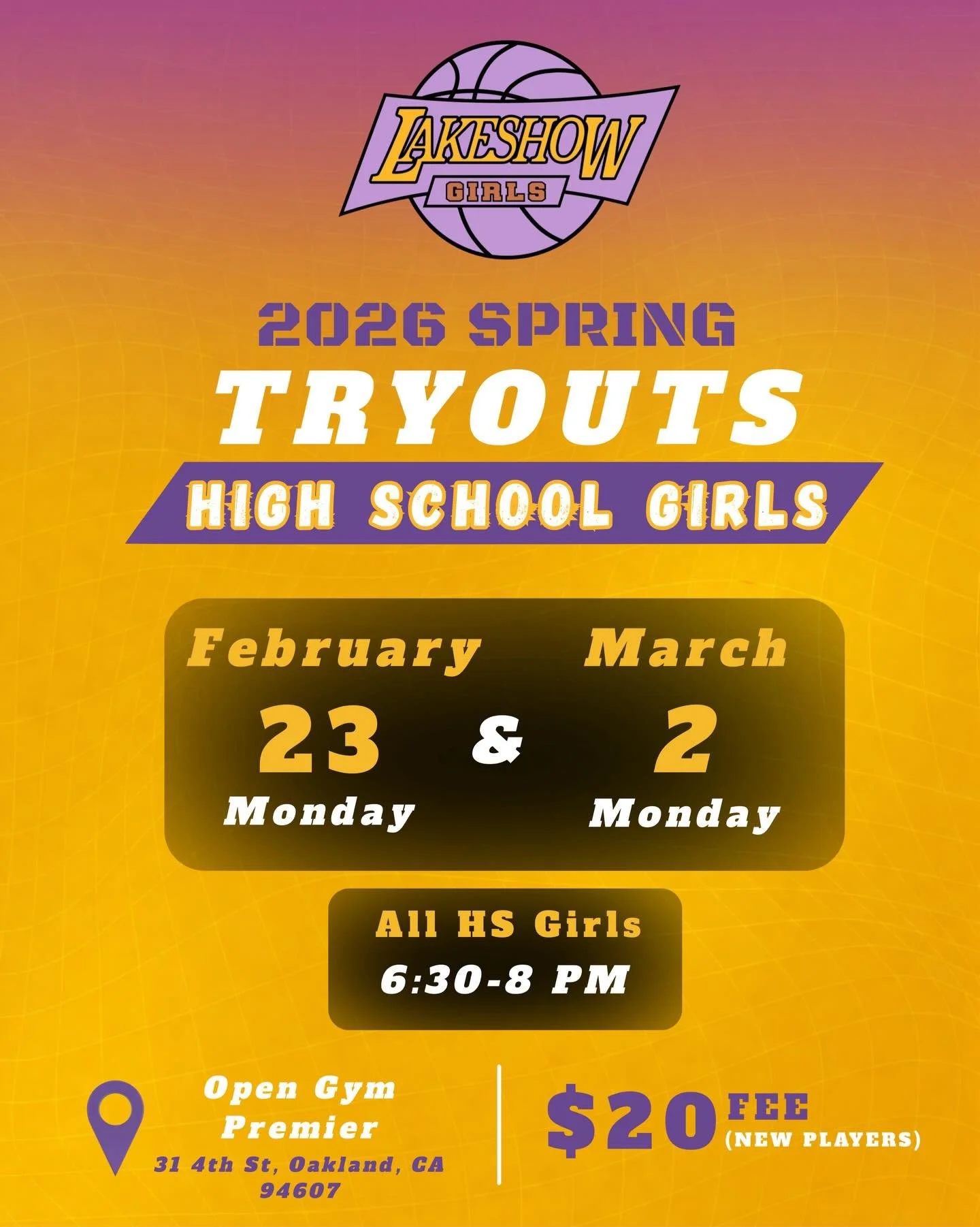 Come try out for Girls High School Spring 2026!
 
February 23 and March 2 @ OGP Oakland from 6:30-8

Please bring:
- Basketball
- Basketball Shoes
- Water

Register at:
https://lakeshowhoops.leagueapps.com/events/4864501-oakland-hs-girls-spring-2026-