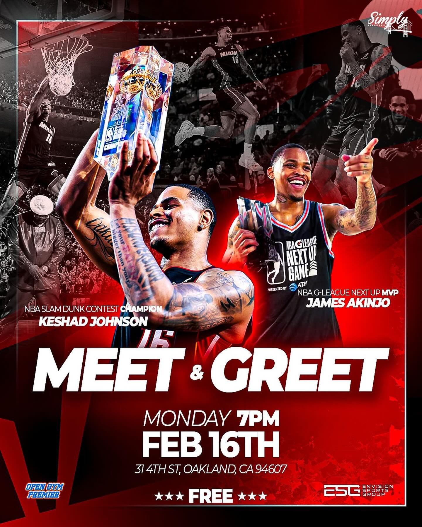 SHOWTIME MEET &amp; GREET with 2026 NBA Slam Dunk Champion Keshad Johnson and NBA G-League Next Up MVP James Akinjo!

@OGP Oakland (31 4th St, Oakland, CA)
7 PM

Register for FREE at:
http://lakeshowhoops.leagueapps.com/events/4913022-showtime-meet--