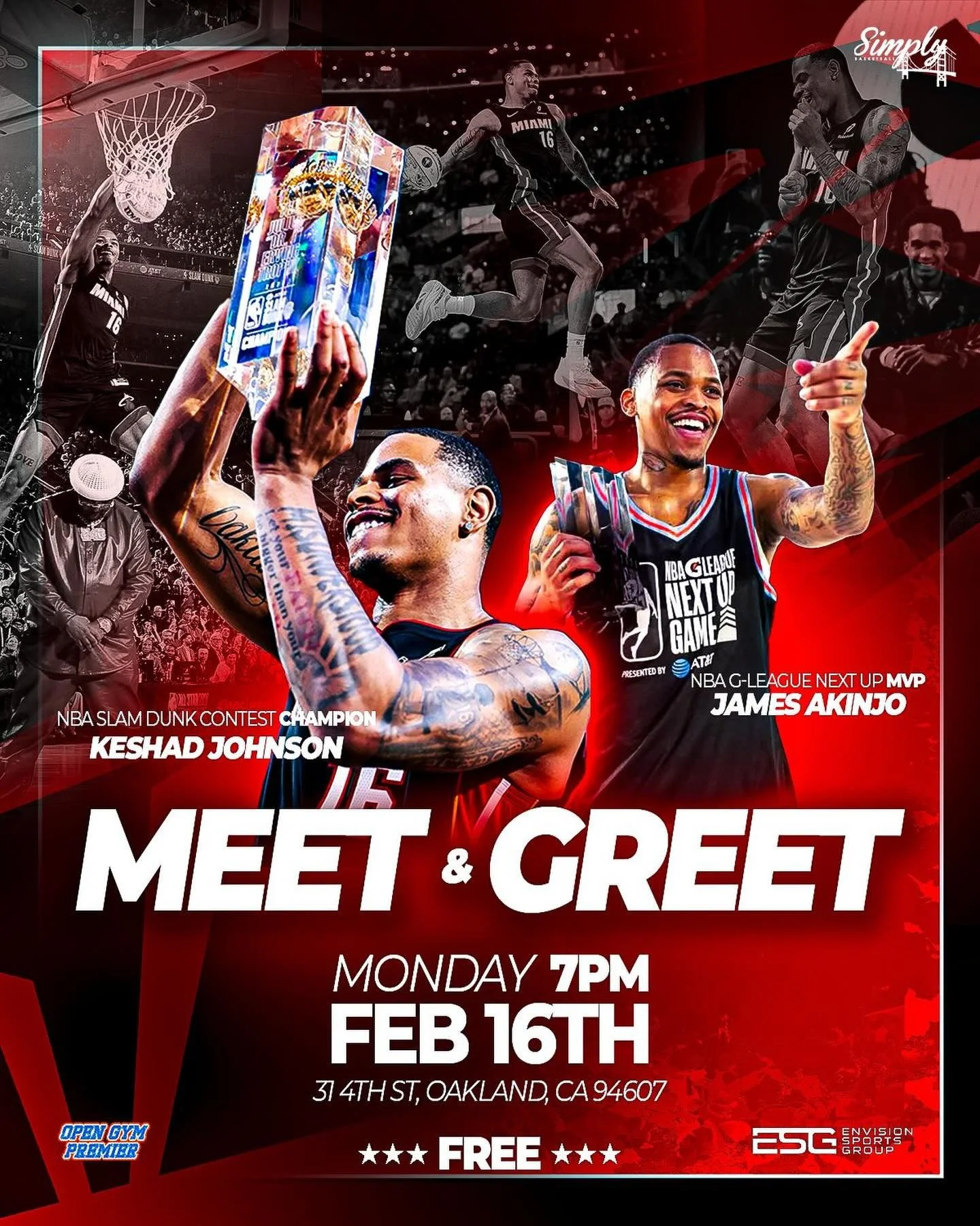 SHOWTIME MEET &amp; GREET with 2026 NBA Slam Dunk Champion Keshad Johnson and NBA G-League Next Up MVP James Akinjo!

@OGP Oakland (31 4th St, Oakland, CA)
7 PM

Register for FREE at:
http://lakeshowhoops.leagueapps.com/events/4913022-showtime-meet--