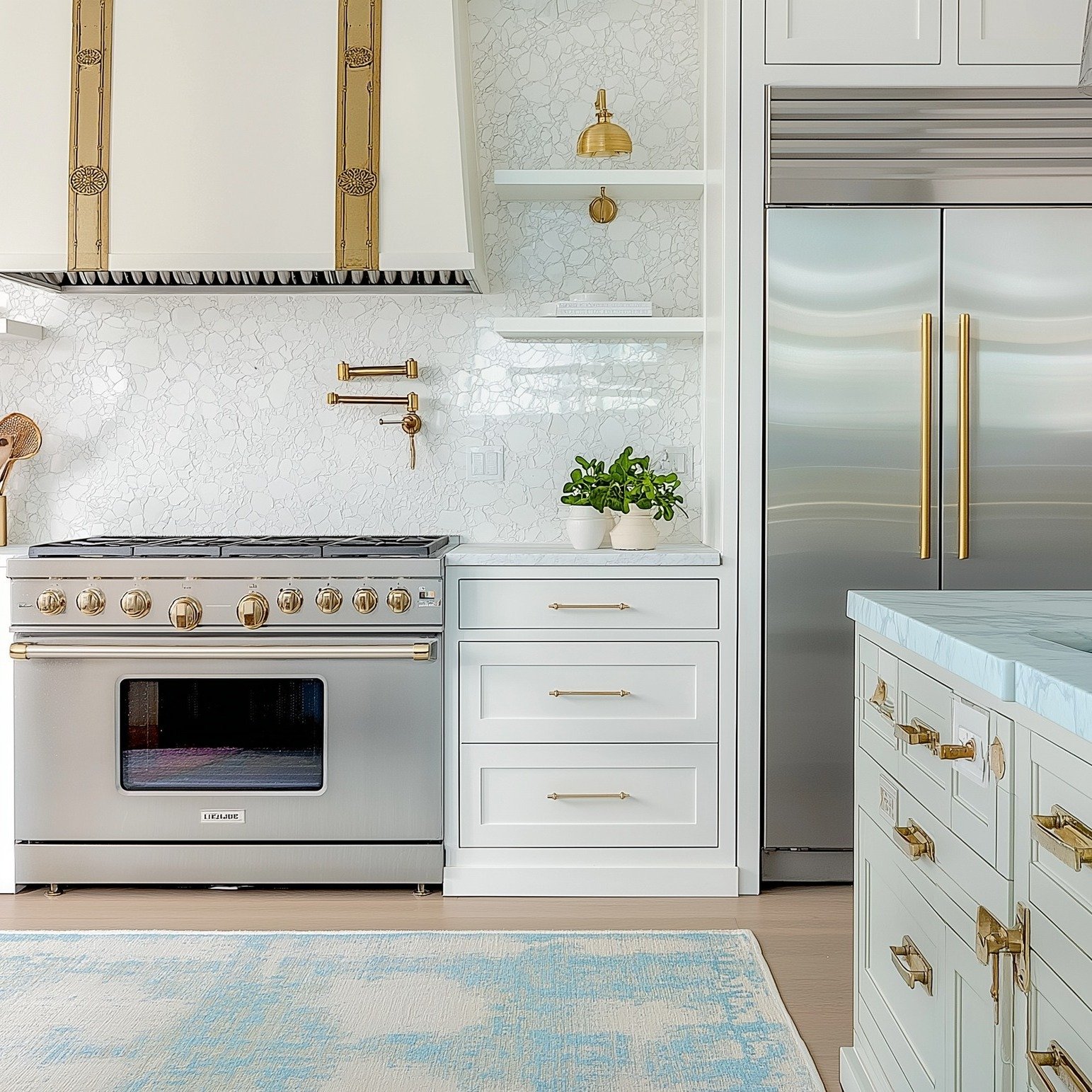 Which transitional style kitchen is your favorite?
.
We put together materials for a light, bright and grandmillennial style kitchen and these are the results!
.
🎨 Who doesn't love a touch of blue and gold?!
.
A: White cabinets, white hood with bras