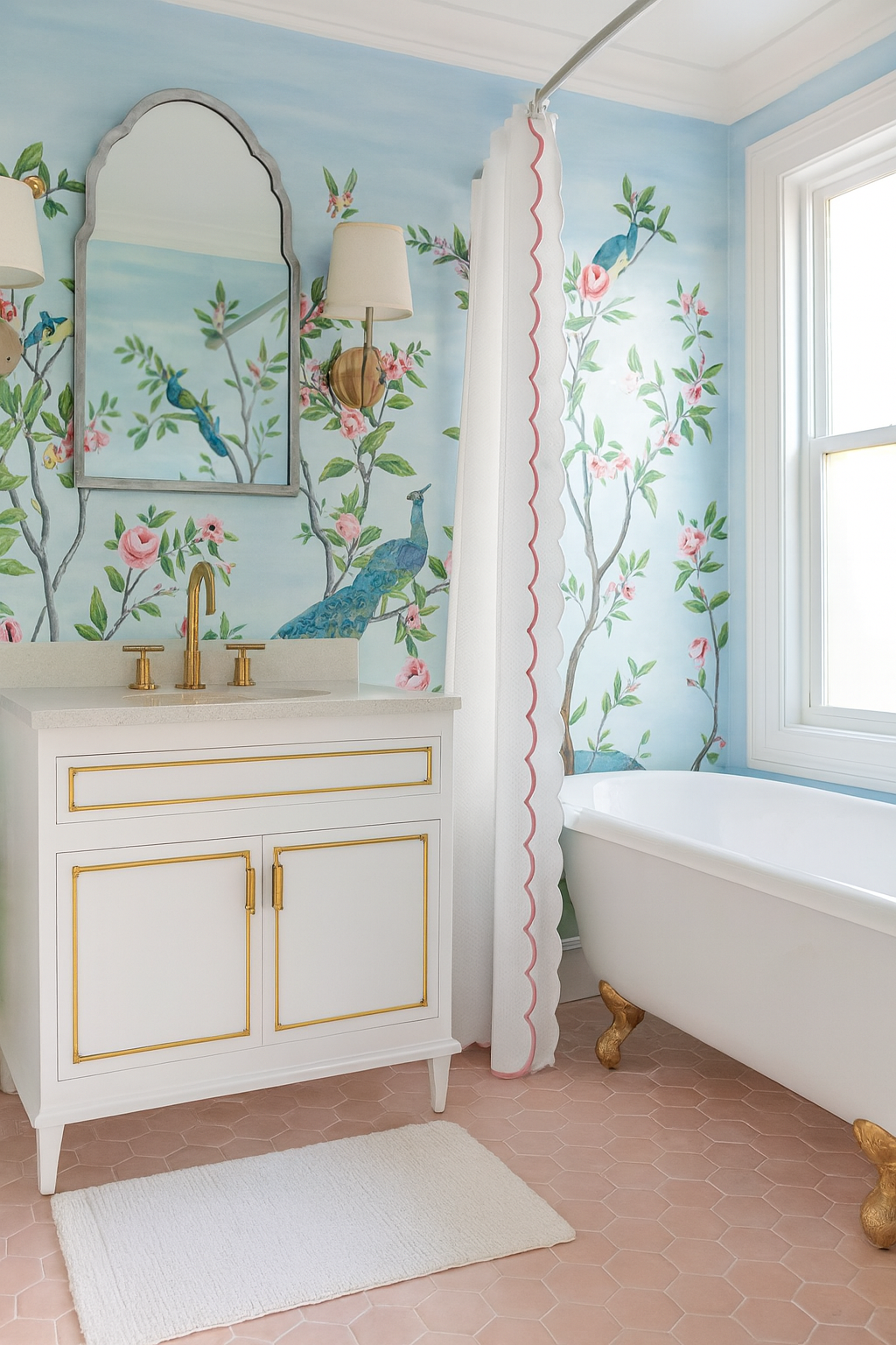 elegant bathroom with hand painted chinoiserie garden and bird blue wallpaper with pink flowers and peacocks. bathroom remodel features pink hexagon floor tile and white custom vanity with gold metal inlay. brass and gold faucet and white marble