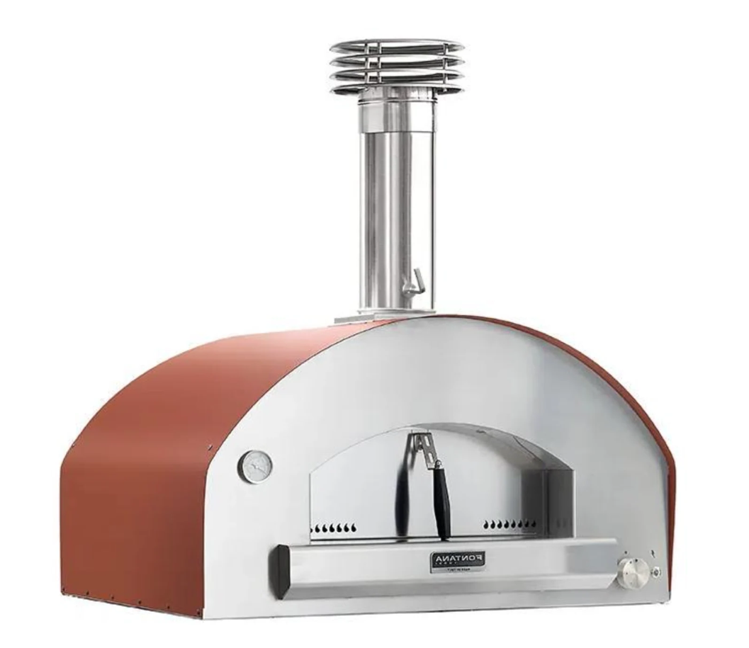Fontana outdoor pizza oven in stainless steel and red finish, perfect for artisan cooking and backyard entertaining.
