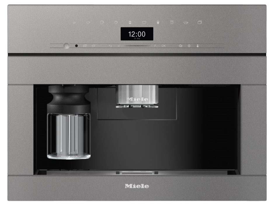 Built-in Miele coffee machine in sleek stainless steel finish, designed for luxury kitchens with integrated appliances.