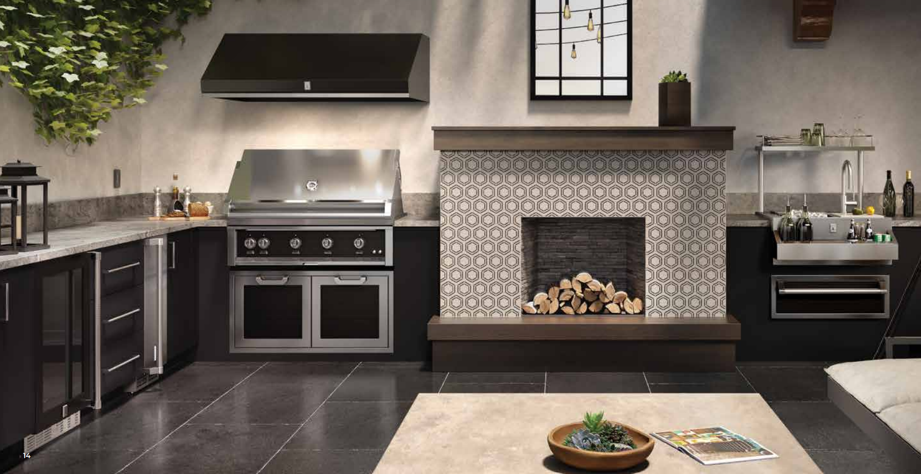 Modern outdoor kitchen with Hestan stainless steel grill, geometric tile fireplace, beverage station, and sleek cabinetry.