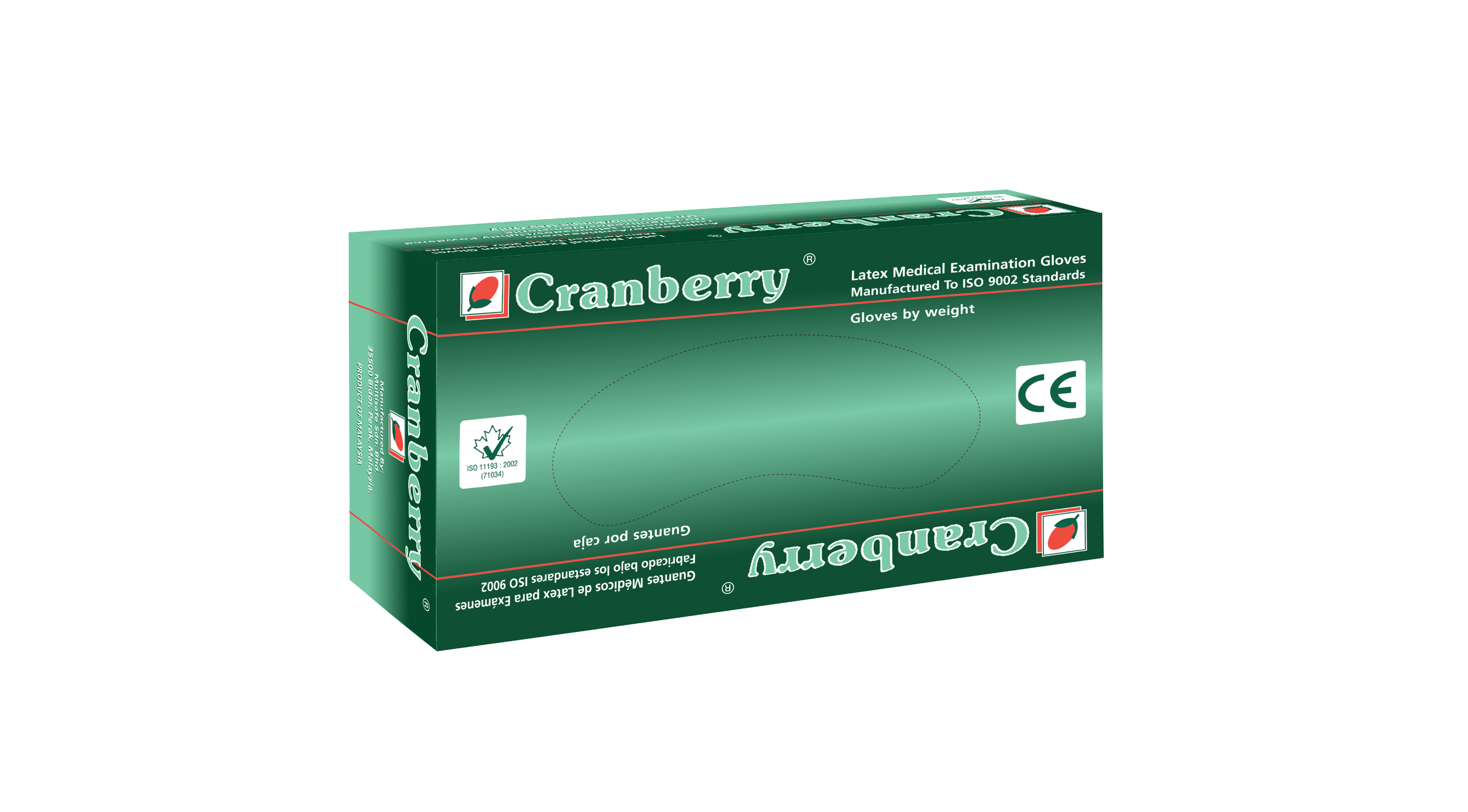 Green box of Cranberry latex medical examination gloves with CE mark.