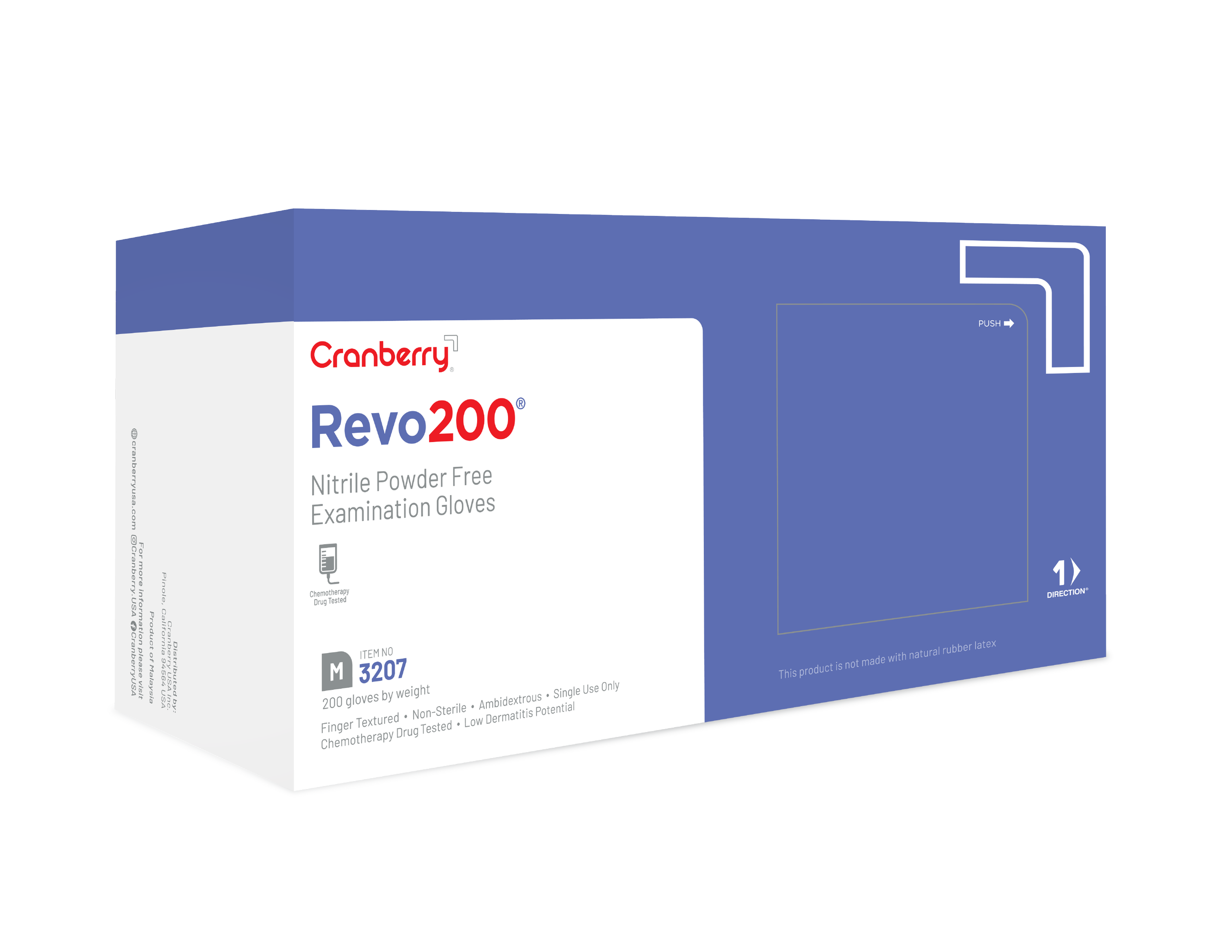 Box of Cranberry Revo200 nitrile powder-free examination gloves, size M, item number 3207, containing 200 gloves.