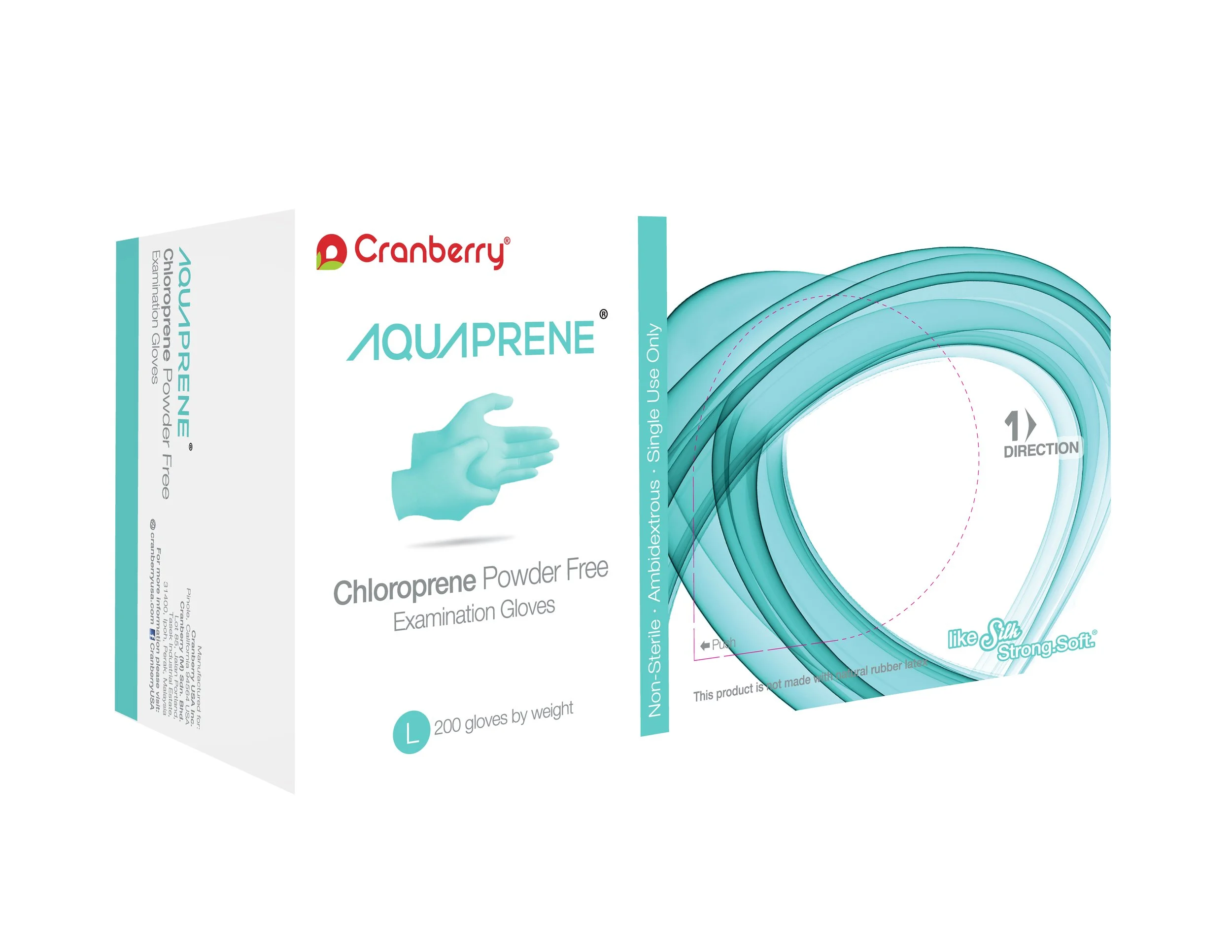 Packaging for Aquaprene chloroprene powder-free examination gloves by Cranberry, showing design and product details.