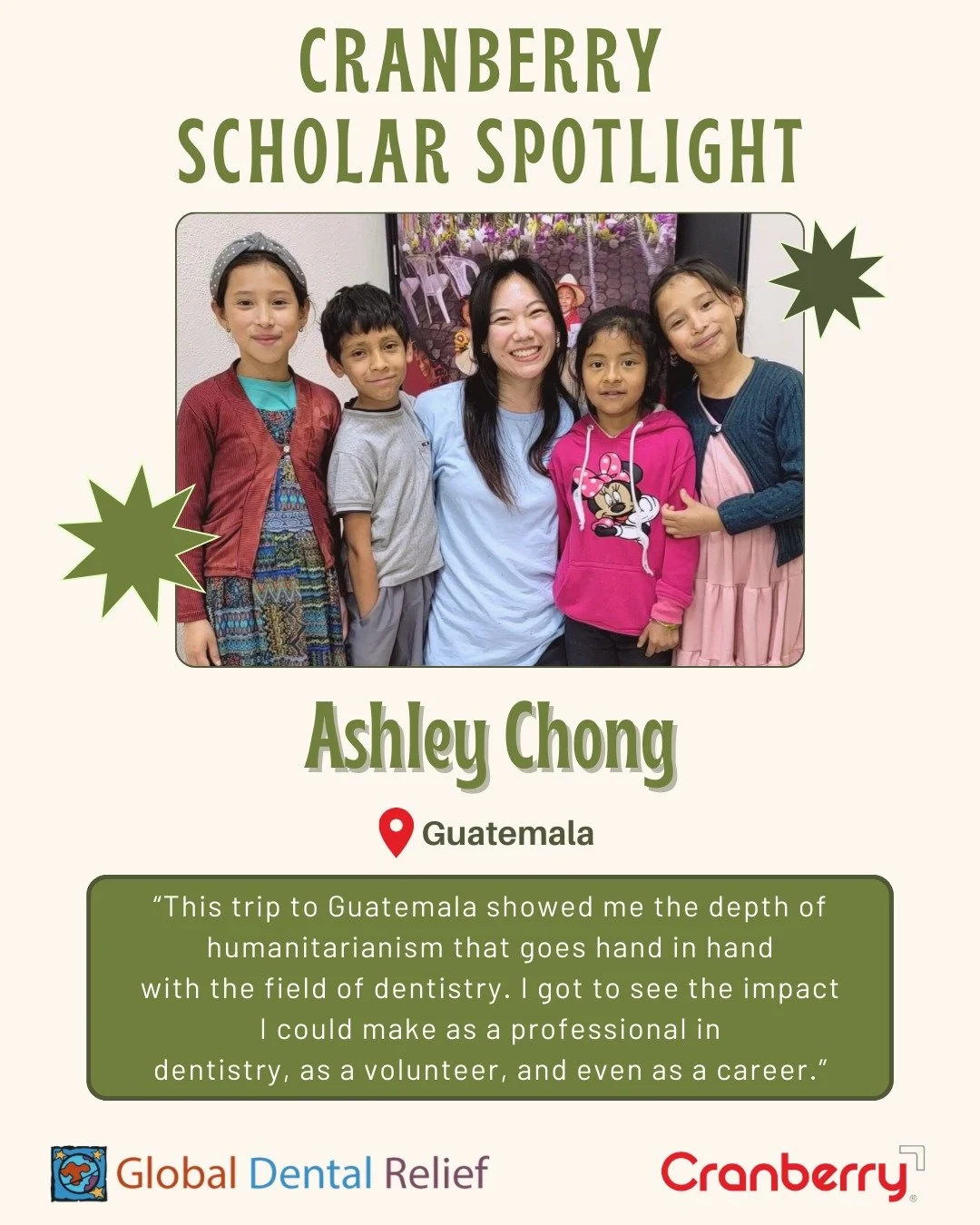 Our first scholarship spotlight goes to Ashley Chong, who joined @GlobalDentalRelief to bring smiles and care to underserved communities in Guatemala!

&ldquo;I was really happy with my experience with GDR, especially since they made everything easy 