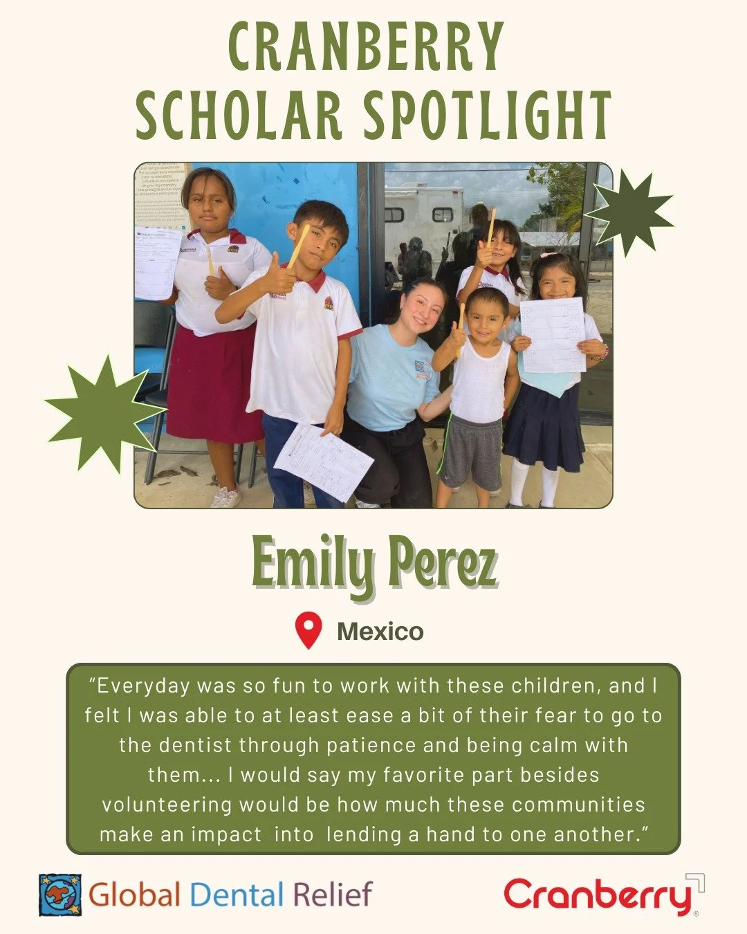 Meet Emily Perez, our second of five incredible recipients of the Cranberry Scholarship with @GlobalDentalRelief. Her passion for dentistry and heartfelt advocacy for future applicants reminds us why this program matters.

&ldquo;If you&rsquo;re real