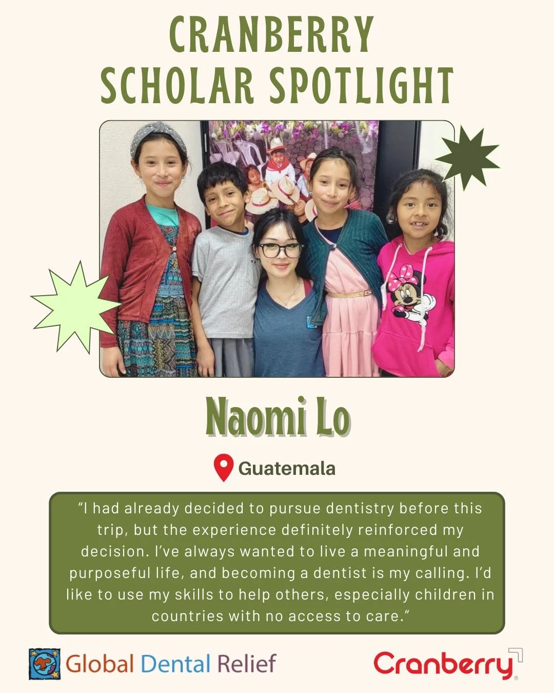 For Naomi Lo, the Cranberry Scholarship with @globaldentalrelief opened the door to a journey she&rsquo;ll never forget. From clinic days to quiet reflections, every moment left its mark.

&ldquo;This will be a once-in-a-lifetime experience! Enjoy ev