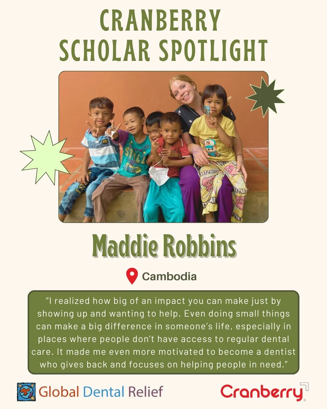 Our very last scholarship spotlight, Maddie Robbins, closes out our Cranberry Scholarship series with @globaldentalrelief with a reminder that service doesn&rsquo;t just change lives, it transforms the people who show up to serve.

&ldquo;This was se