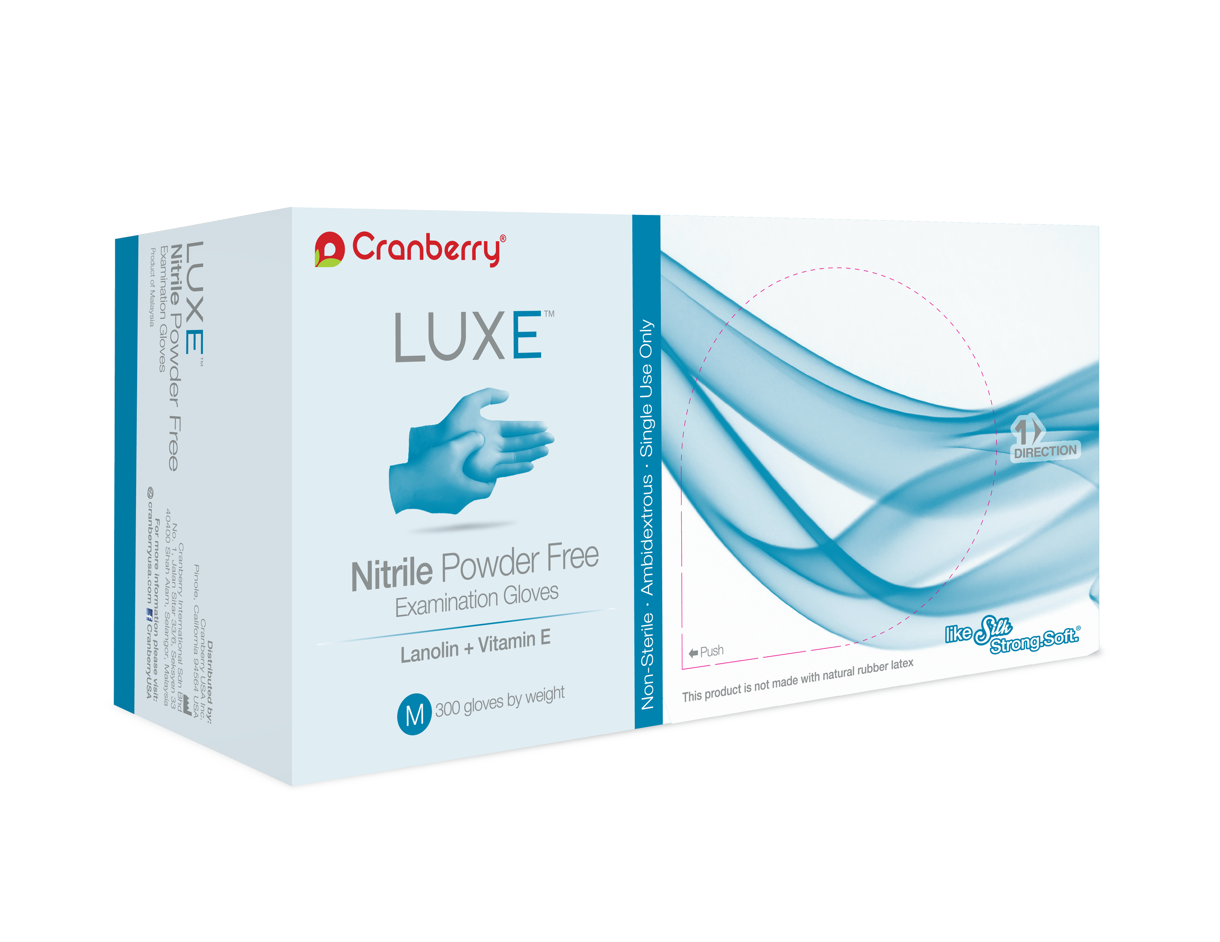 Box of Cranberry Luxe nitrile powder-free examination gloves, medium size, containing 300 gloves. Features lanolin and Vitamin E, with a non-sterile, ambidextrous, single-use design.
