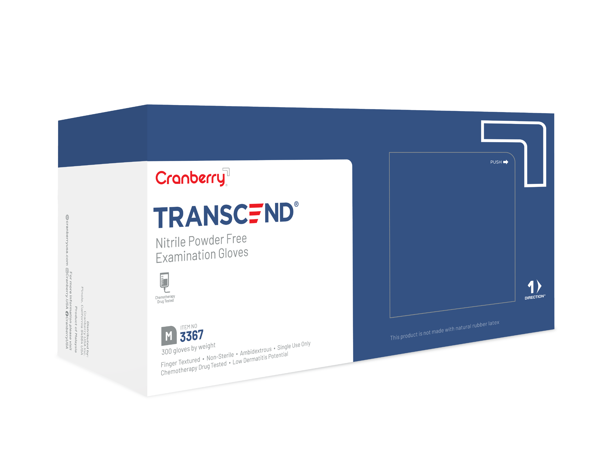 Box of Cranberry TRANSEND nitrile powder-free examination gloves, medium size, 300 gloves per box.