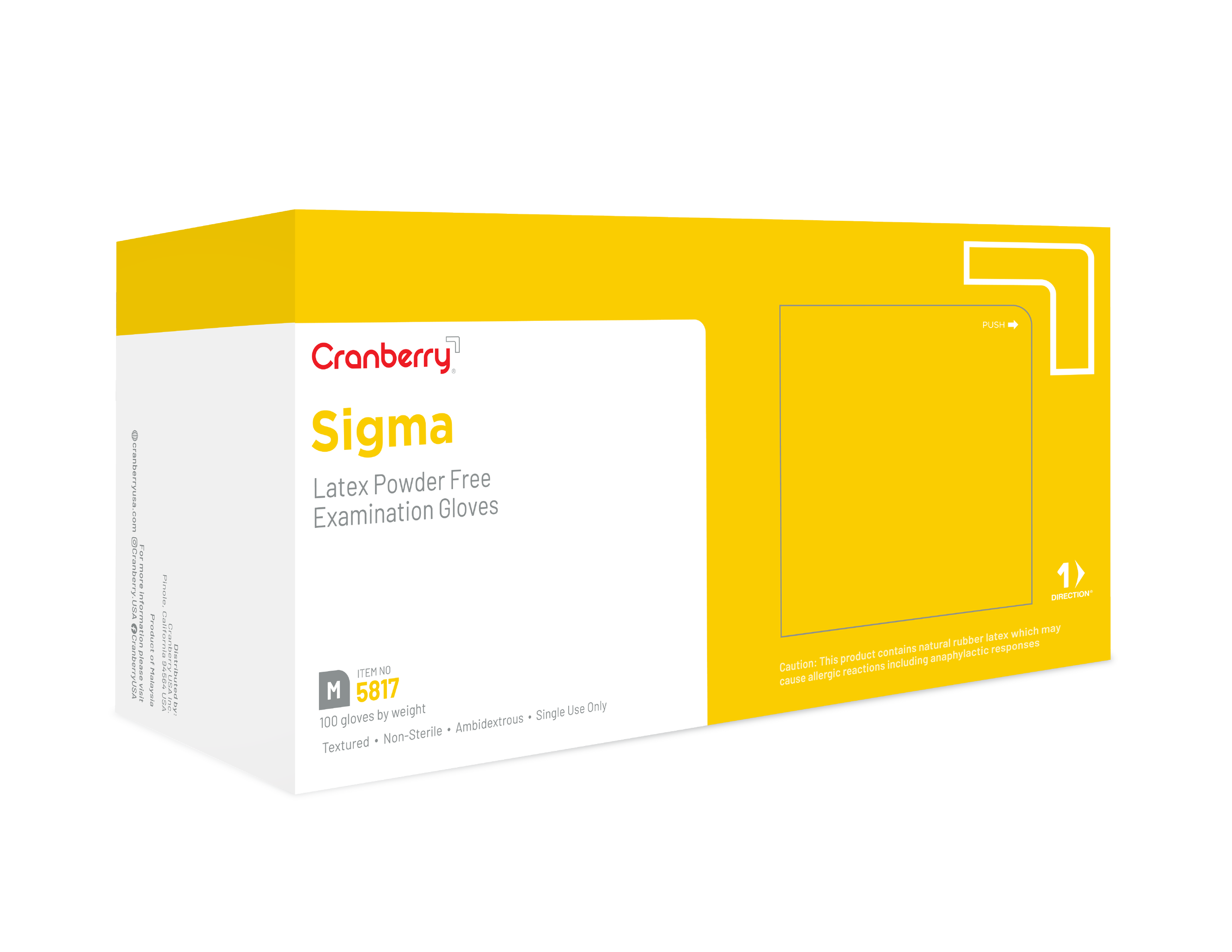 Box of Cranberry Sigma Latex Powder Free Examination Gloves, medium size, 100 count, yellow and white packaging.