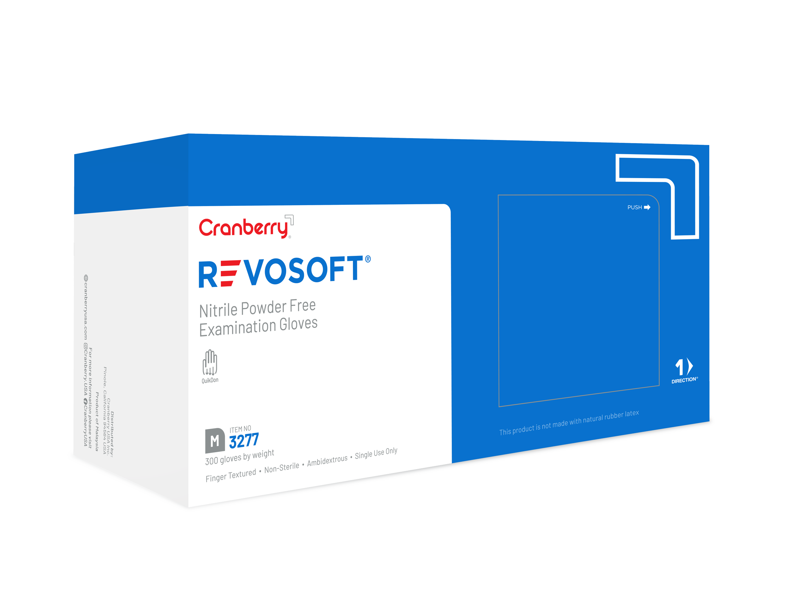Box of Cranberry RevoSoft nitrile powder-free examination gloves, size M, 300 count. The box features blue and white design with product details and glove dispensing instructions.