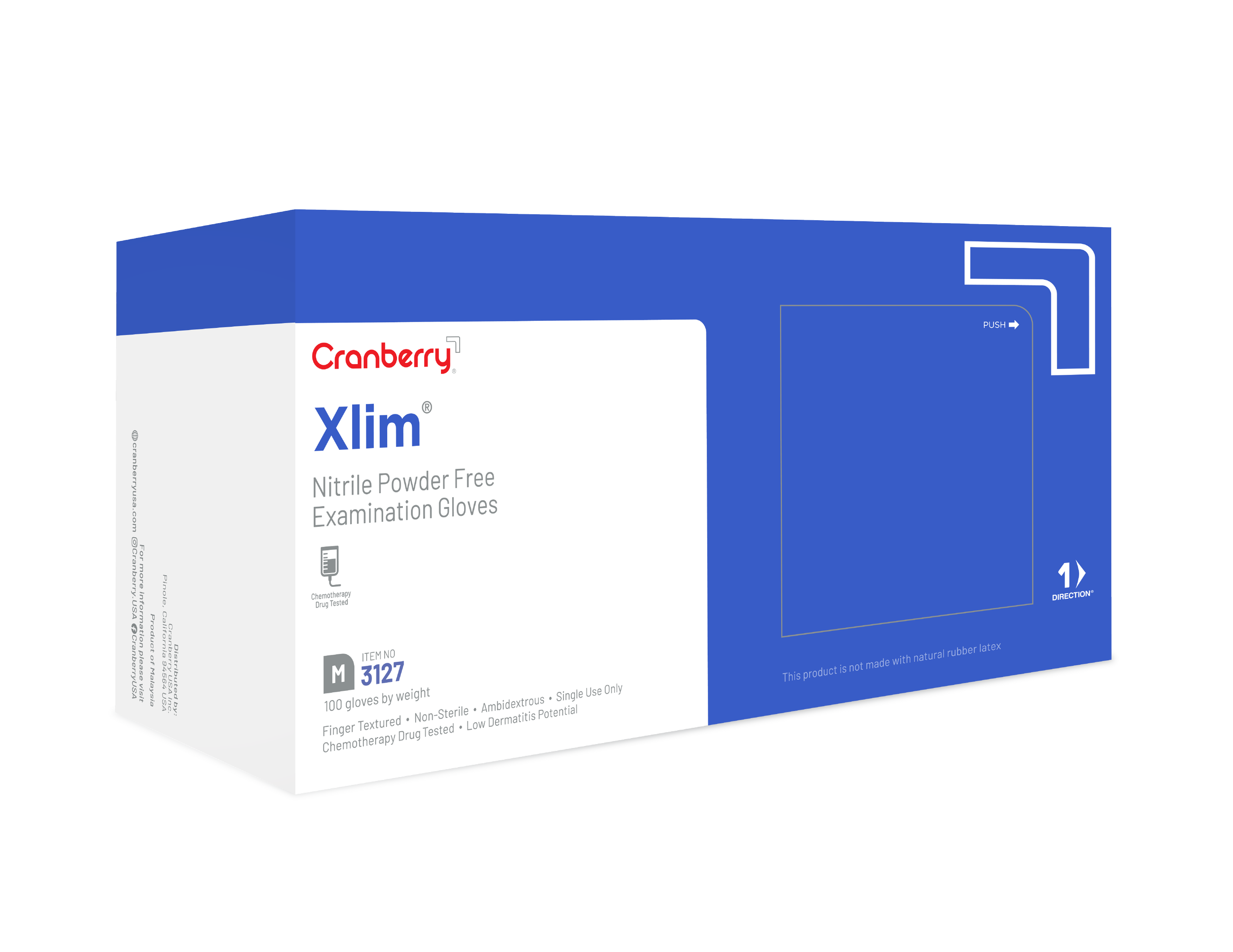 Box of Cranberry Xlim nitrile powder-free examination gloves, medium size, non-sterile, chemotherapy drug tested.