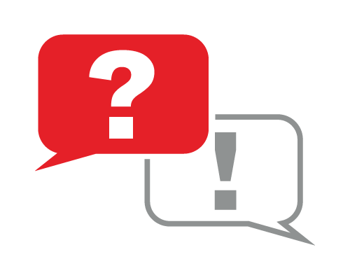 Red and gray speech bubbles with question and exclamation marks.