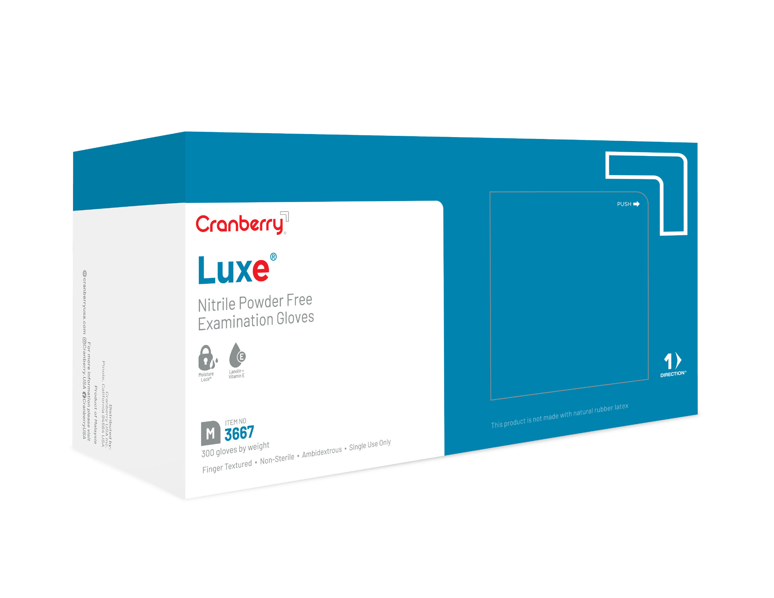Box of Cranberry Luxe nitrile powder-free examination gloves, size medium, 300 gloves per box.