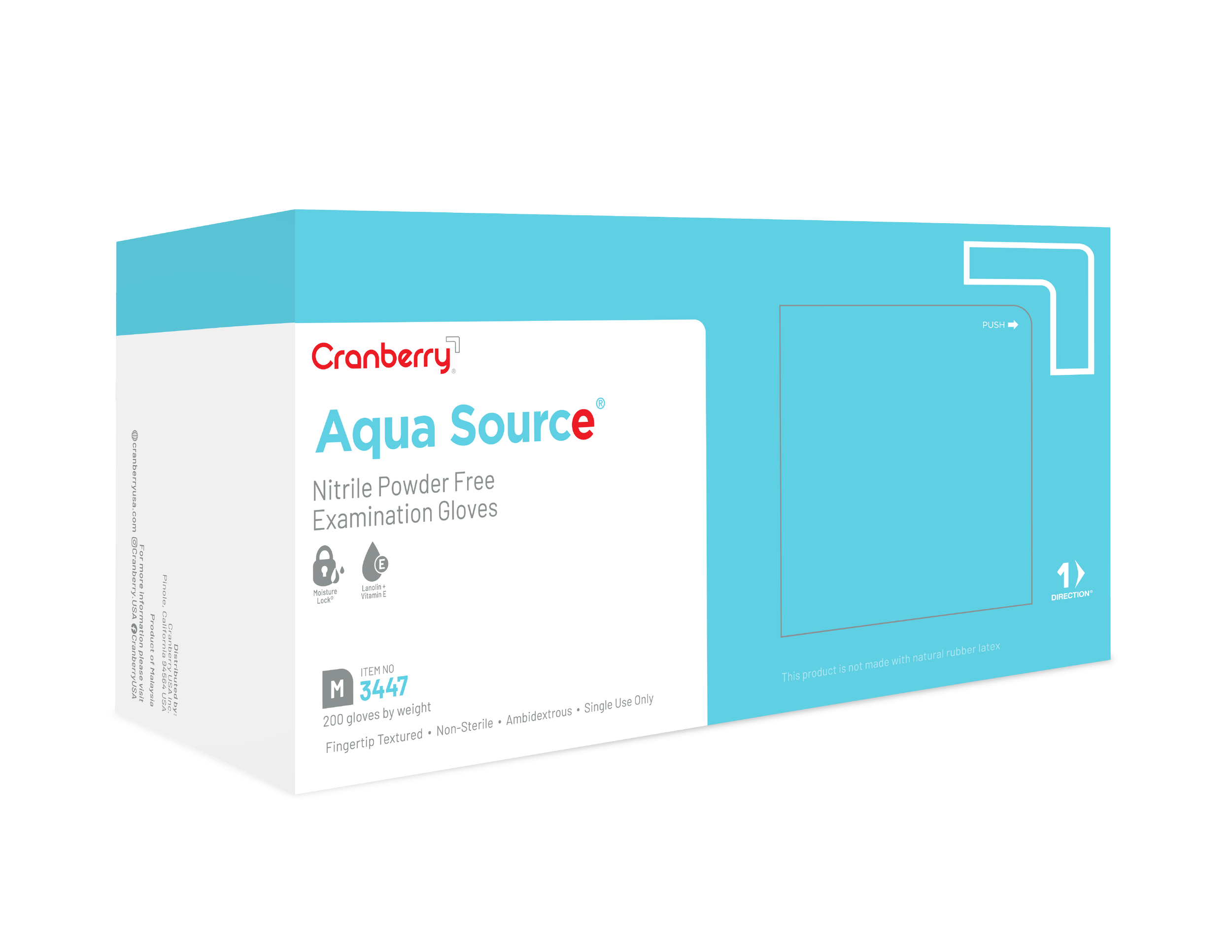 Box of Cranberry Aqua Source nitrile powder-free examination gloves, medium size, with MoisturLox and Lanolin plus Vitamin E features, containing 200 gloves by weight.