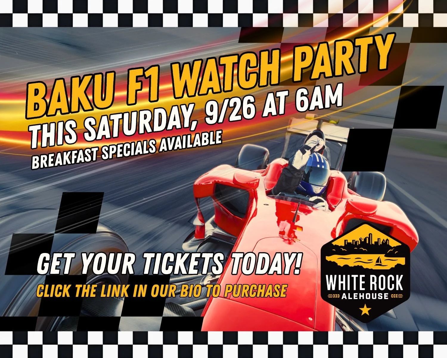 🏎️💨 BAKU F1 WATCH PARTY EVENT 🏎️💨 Calling all Formula 1 fans! This Saturday we are opening at 6AM for the Baku F1 Watch Party Event. Wake up early with us and enjoy some breakfast specials, coffee, and cocktails. 

***This is a ticketed event. Cl