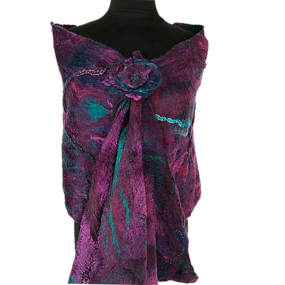 Purple Turquoise Felted Wrap, Purple Felted Scarf, Felted Scarf, Nuno Felt Wrap, Wedding Bridal Accessories, GiftforHer GracefulEweFiberArts