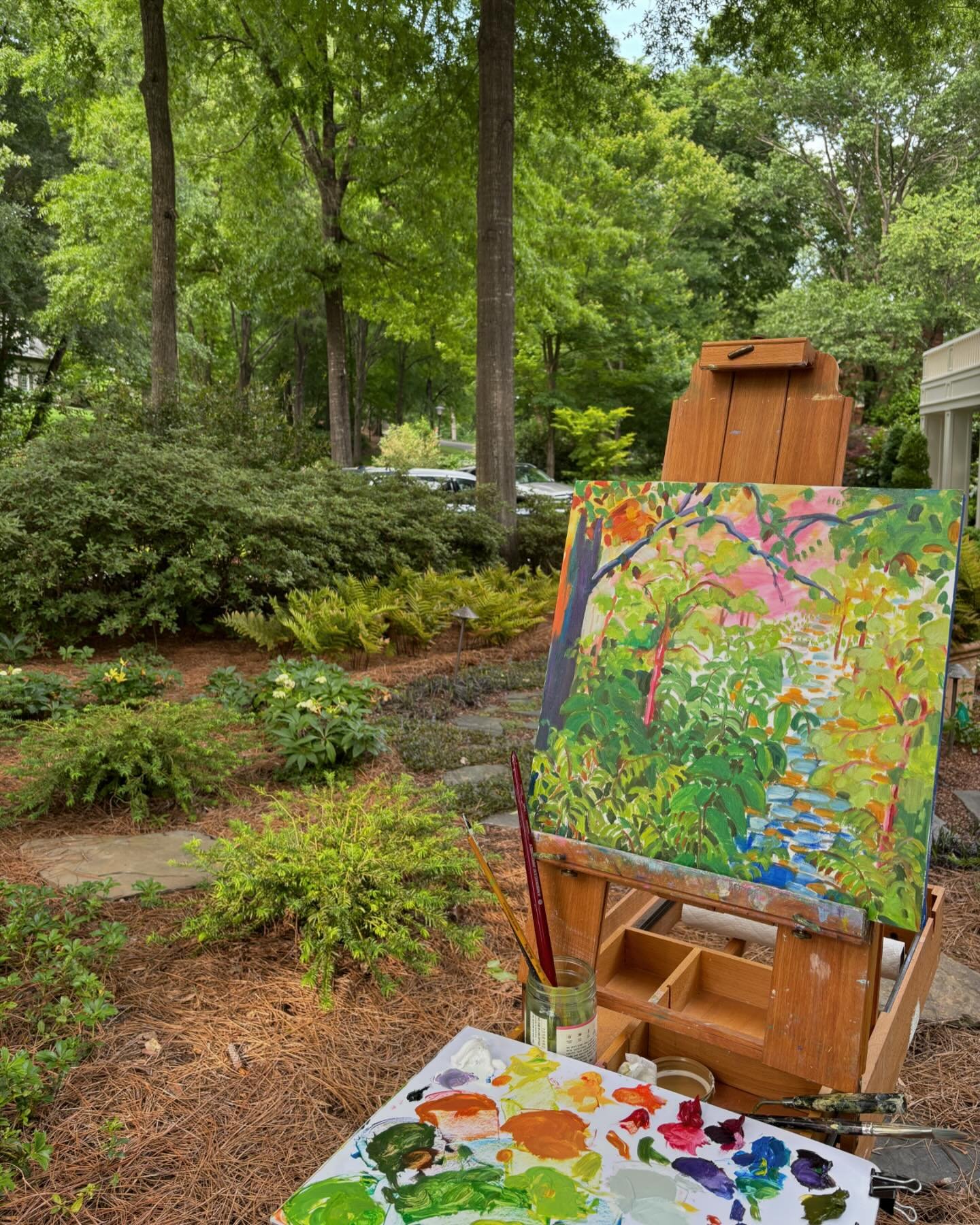 En plein air this afternoon amidst a chorus of cicadas.  I tried to make a first pass over the entire panel, 16 x 16 in.