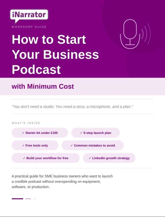 Cover page of a workshop guide titled 'How to Start Your Business Podcast with Minimum Cost' by iNarrator, featuring a purple background, a microphone icon, and bullet points highlighting key topics like starter kit under £100, 5-step launch plan, free tools, common mistakes, workflow, and LinkedIn growth strategy.