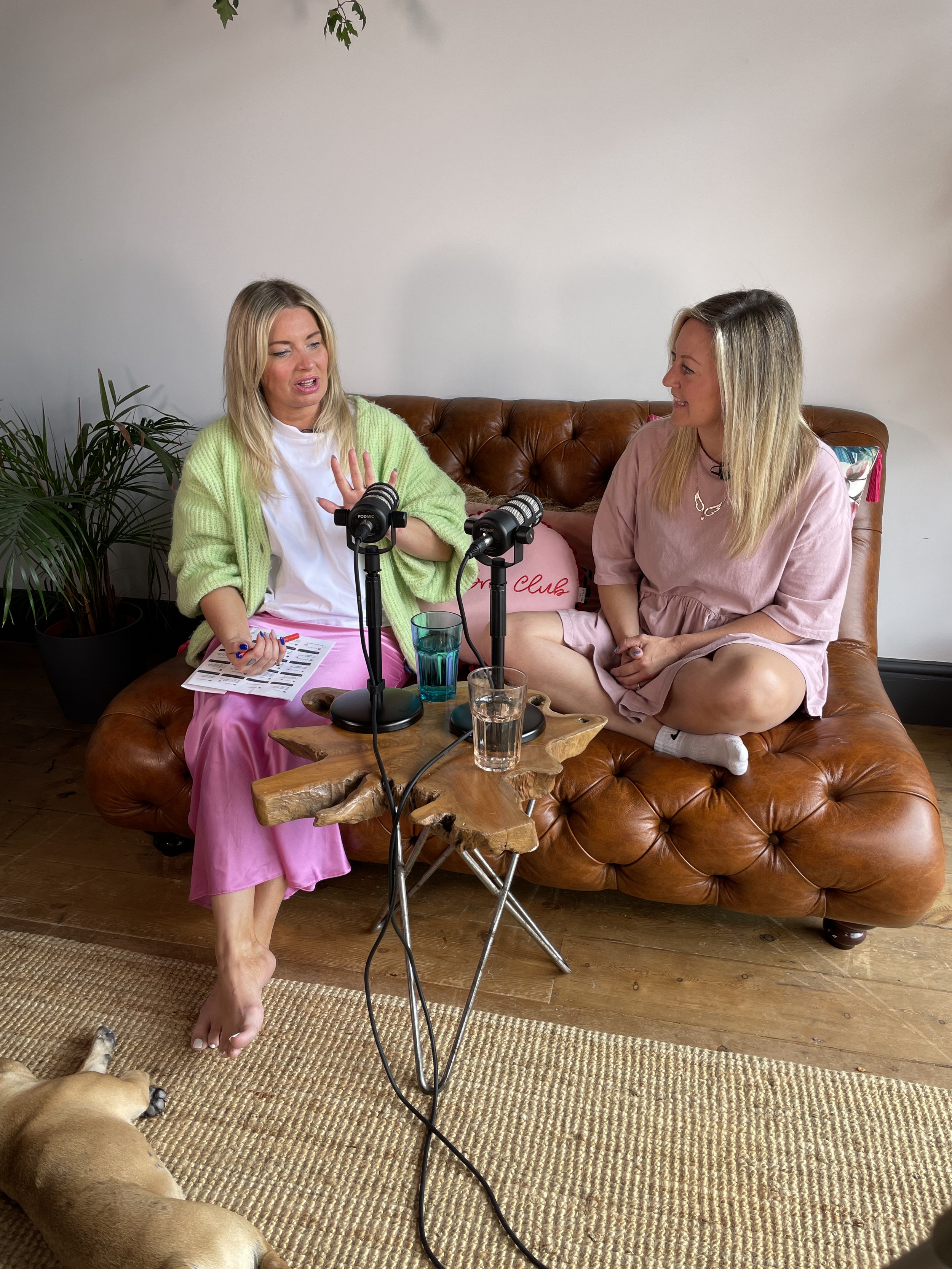 Two women are sitting on a brown leather couch, recording a podcast with two microphones. One woman, with blonde hair and wearing a mint green sweater and pink pants, is speaking and gesturing with her hand. The other woman, with blonde hair and wearing a pink dress, is smiling and listening. There are glasses of water in front of them, a small wooden table, and a dog lying on the beige rug in the foreground.