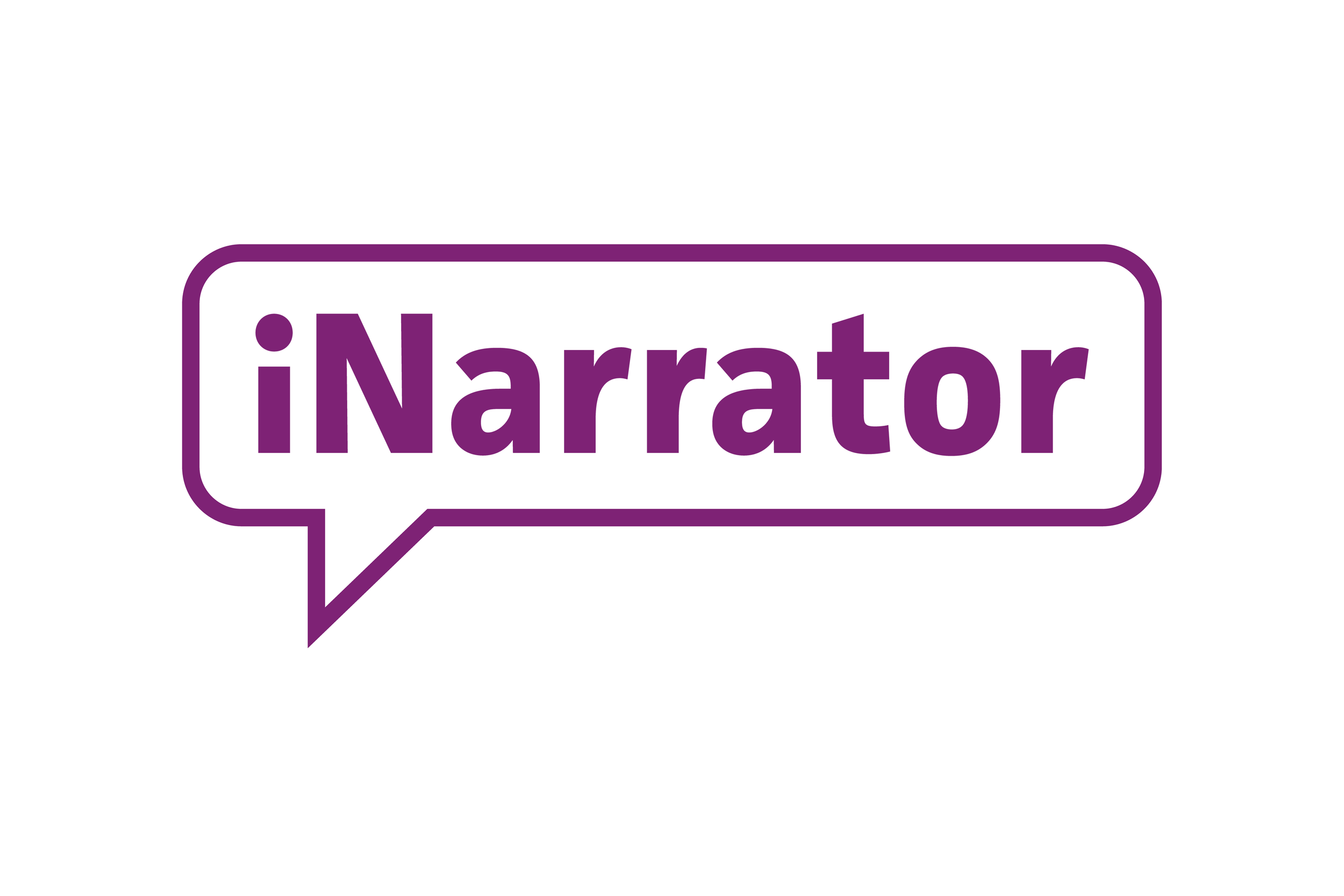Speech bubble graphic with the word 'iNarrator' written inside in purple text.