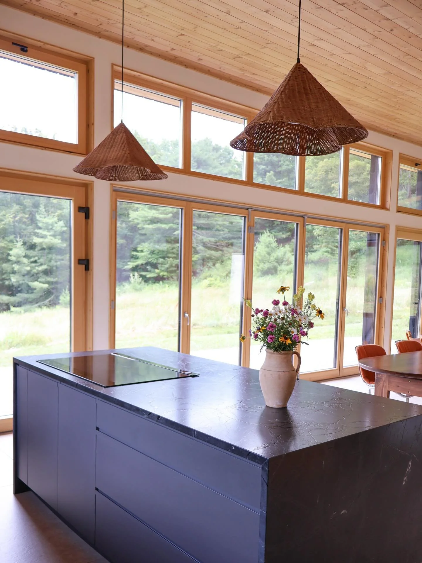 Summer vibes from the New York countryside (and by countryside, I mean the Catskills) #DOMAdesign
&bull; custom kitchen cabinetry in SW Iron Ore
&bull; black granite countertops in leather finish 
&bull; @fisherpaykel appliances 
&bull; wildflowers f